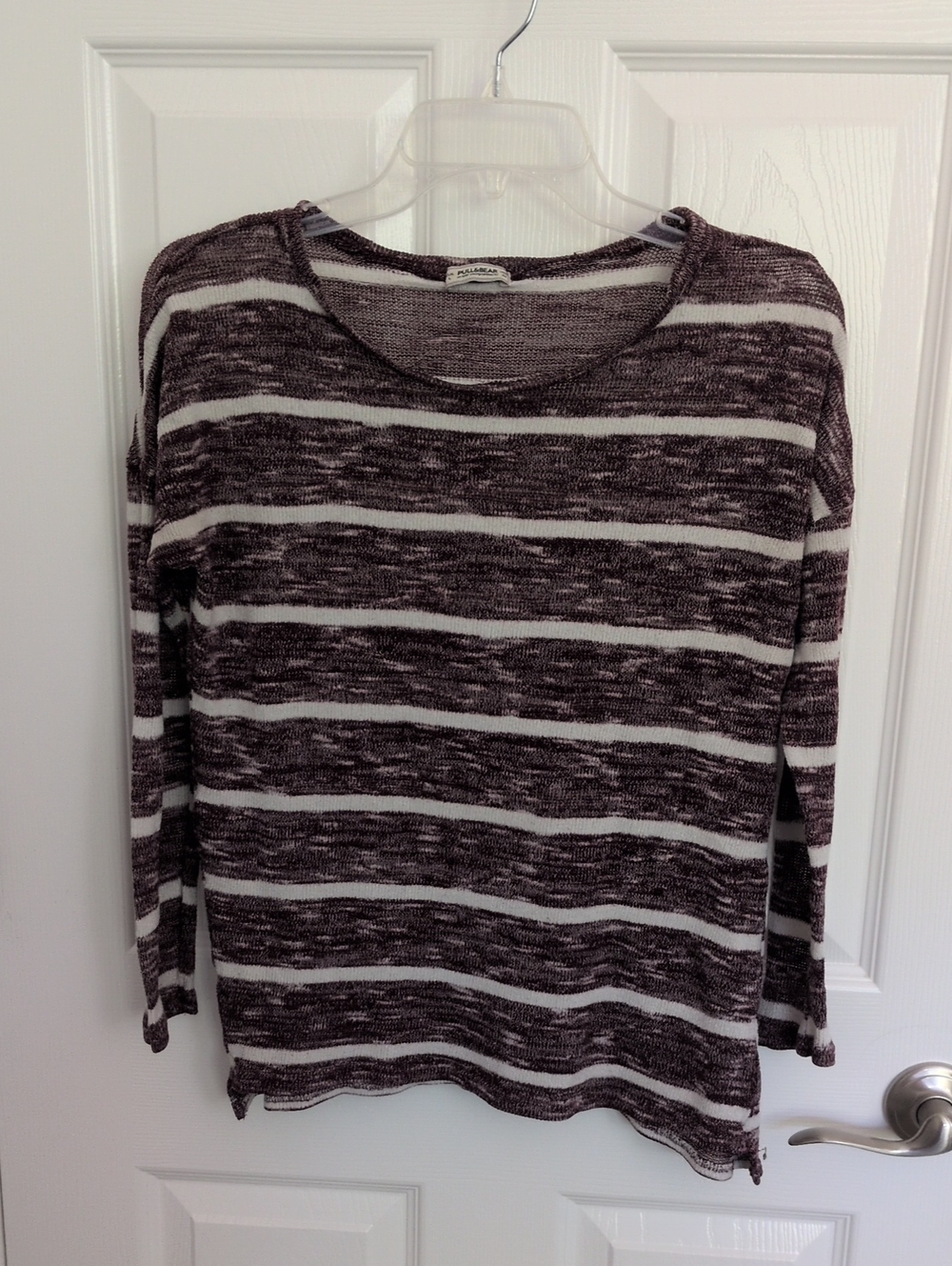 Pull&Bear Burgundy & White Striped Lightweight Sweater - M